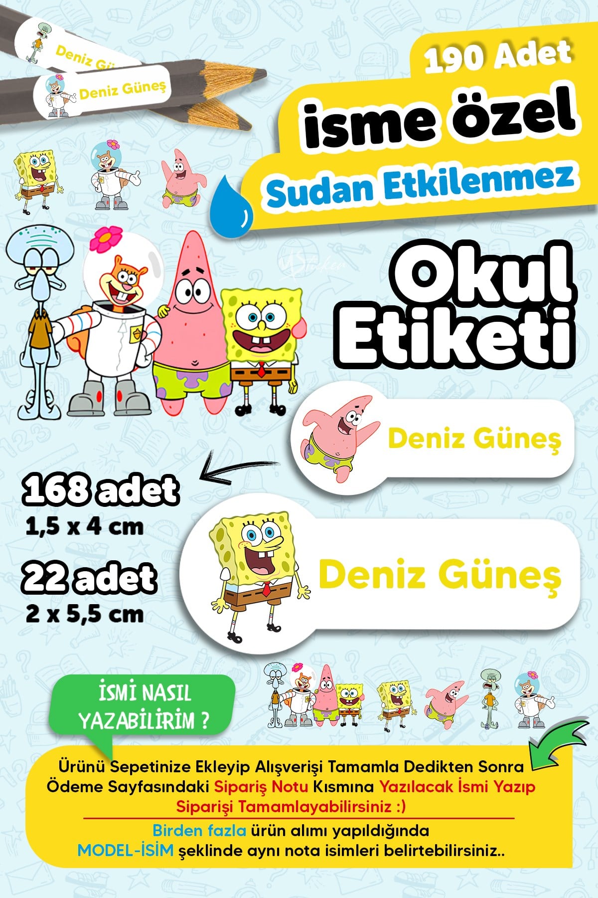 190 Adet Kişiye Özel Okul Etiketi İsimli Kalem Defter Suluk Etiket Dayanıklı Etiket Sünger Dob