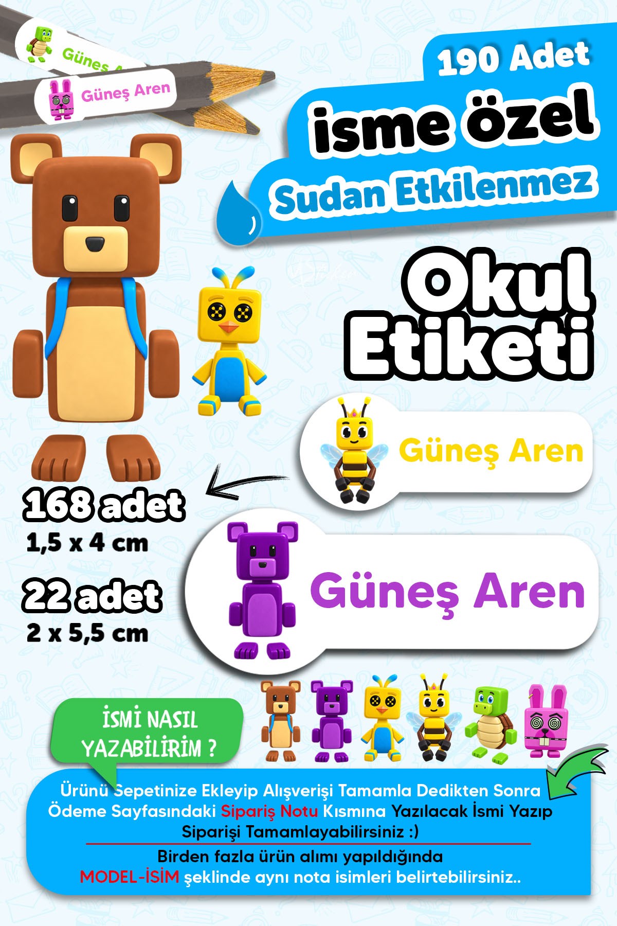 190 Adet Kişiye Özel Okul Etiketi İsimli Kalem Defter Suluk Etiket Dayanıklı Etiket Super Bear
