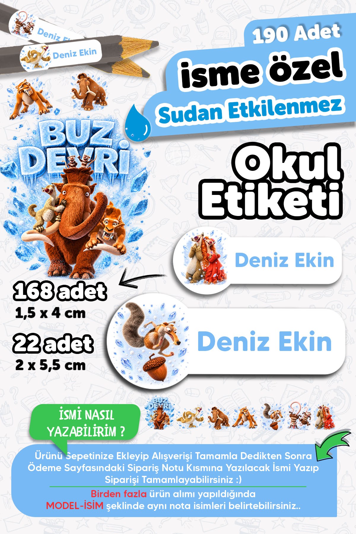 190 Adet Kişiye Özel Okul Etiketi İsimli Kalem Defter Suluk Etiket Dayanıklı Etiket Buz Devri Ice Ag