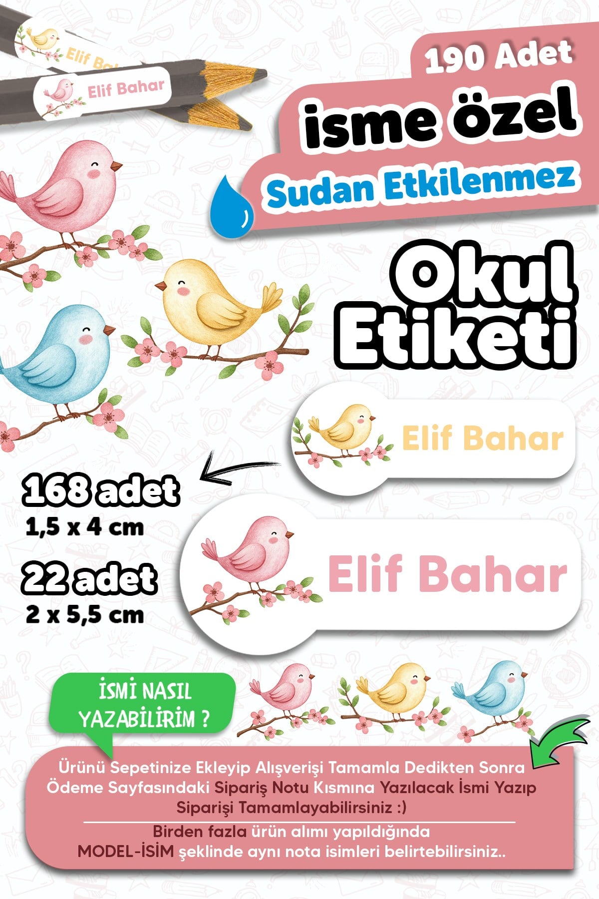 190 Adet Kişiye Özel Okul Etiketi İsimli Kalem Defter Suluk Etiket Dayanıklı Etiket Sevimli Kuşlar