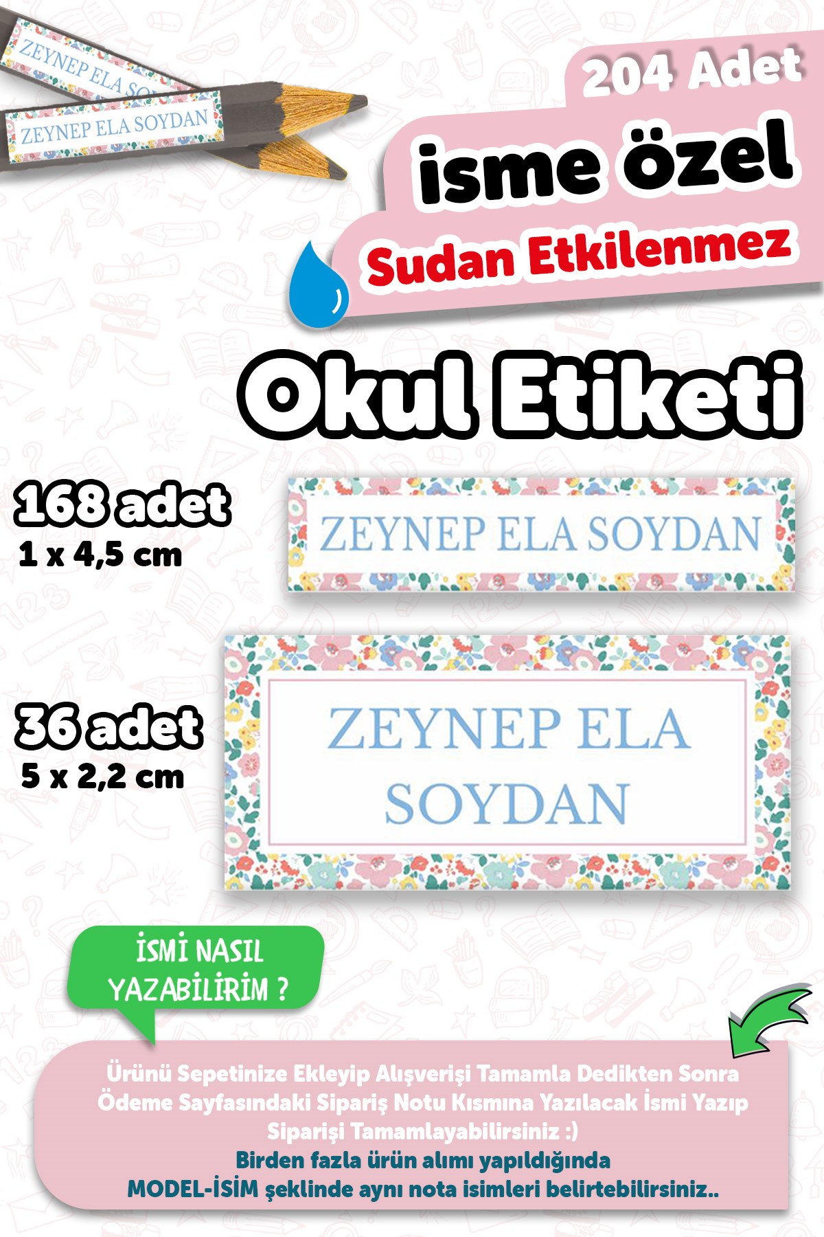 204 Adet Kişiye Özel Okul Etiketi İsimli Kalem Defter Suluk Etiket Dayanıklı Etiket Çiçekli