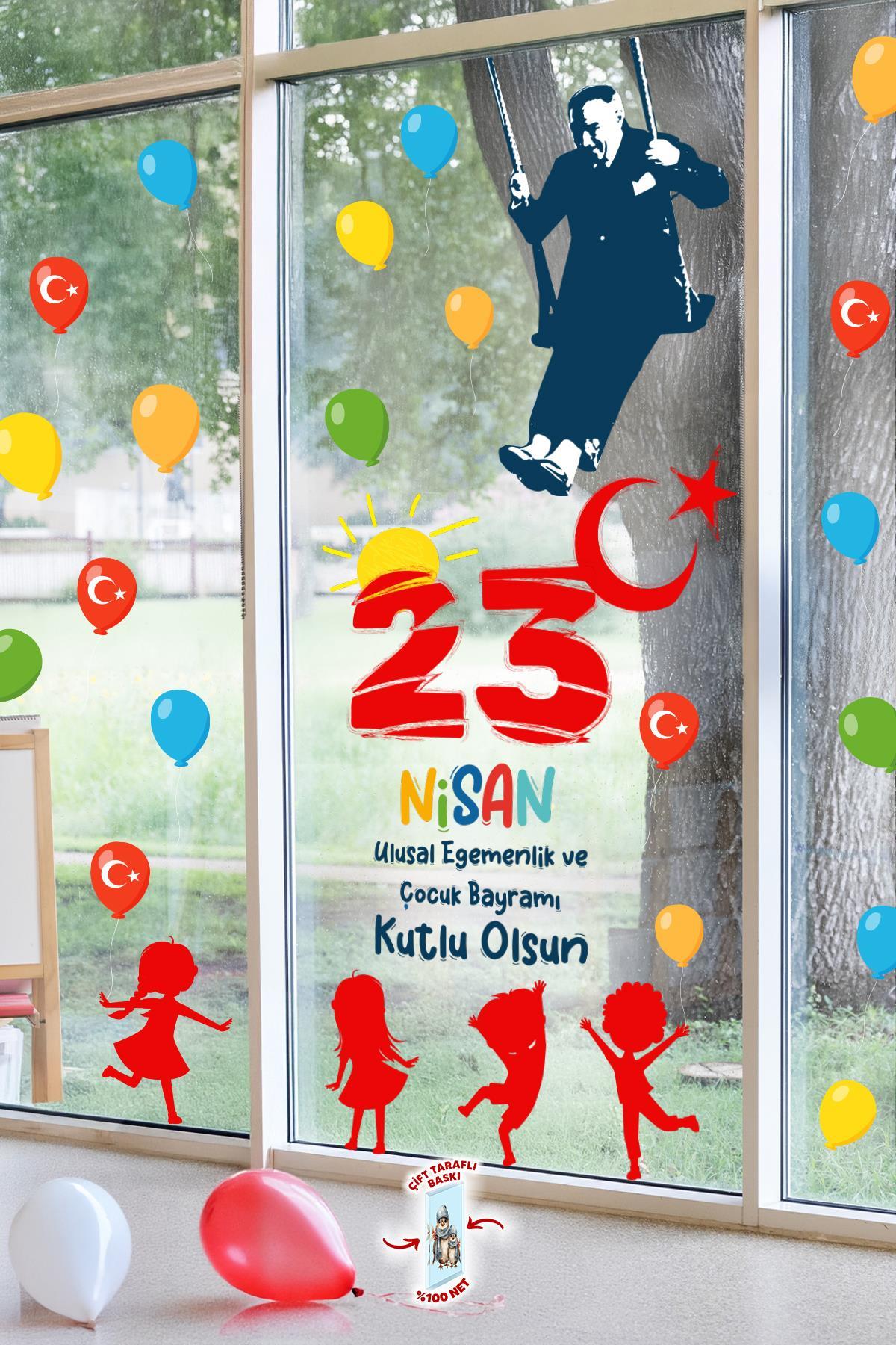 23 Nisan Temalı Bayraklı Çift Taraflı Baskılı Sticker Seti, Atatürk ve Çocuk Cam Sticker