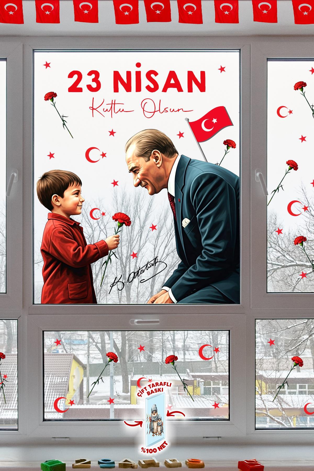 23 Nisan Temalı Bayraklı Çift Taraflı Baskılı Sticker Seti, Atatürk ve Çocuk Cam Sticker