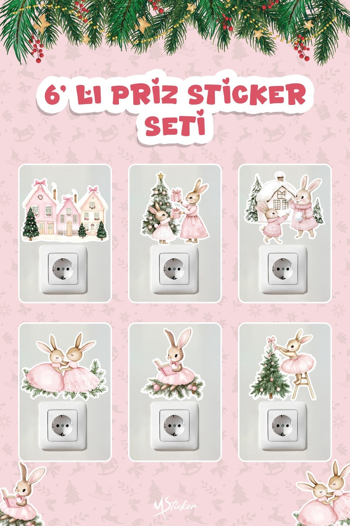 6 lı Yeni Yıl Temalı Mini Sticker Priz Sticker Yılbaşı Yeni Yıl Mini Boy Sticker Seti Sevimli Tavşan