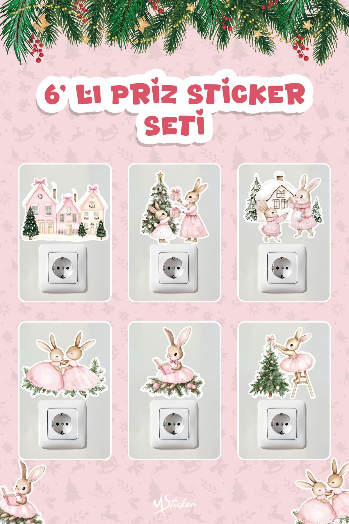 6 lı Yeni Yıl Temalı Mini Sticker Priz Sticker Yılbaşı Yeni Yıl Mini Boy Sticker Seti Sevimli Tavşan