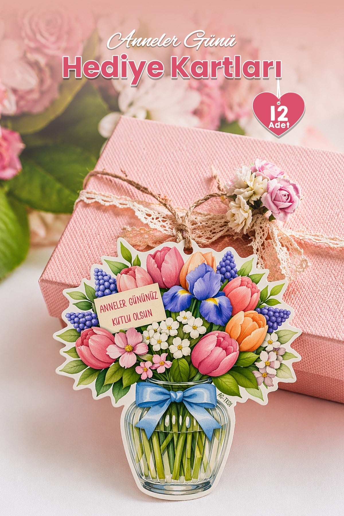 Anneler Günü Hediye Kartı 12 Adet 10x10 cm | Yazılabilir Mesaj Kartı | Hediye Paketi İçin Çiçek Kart