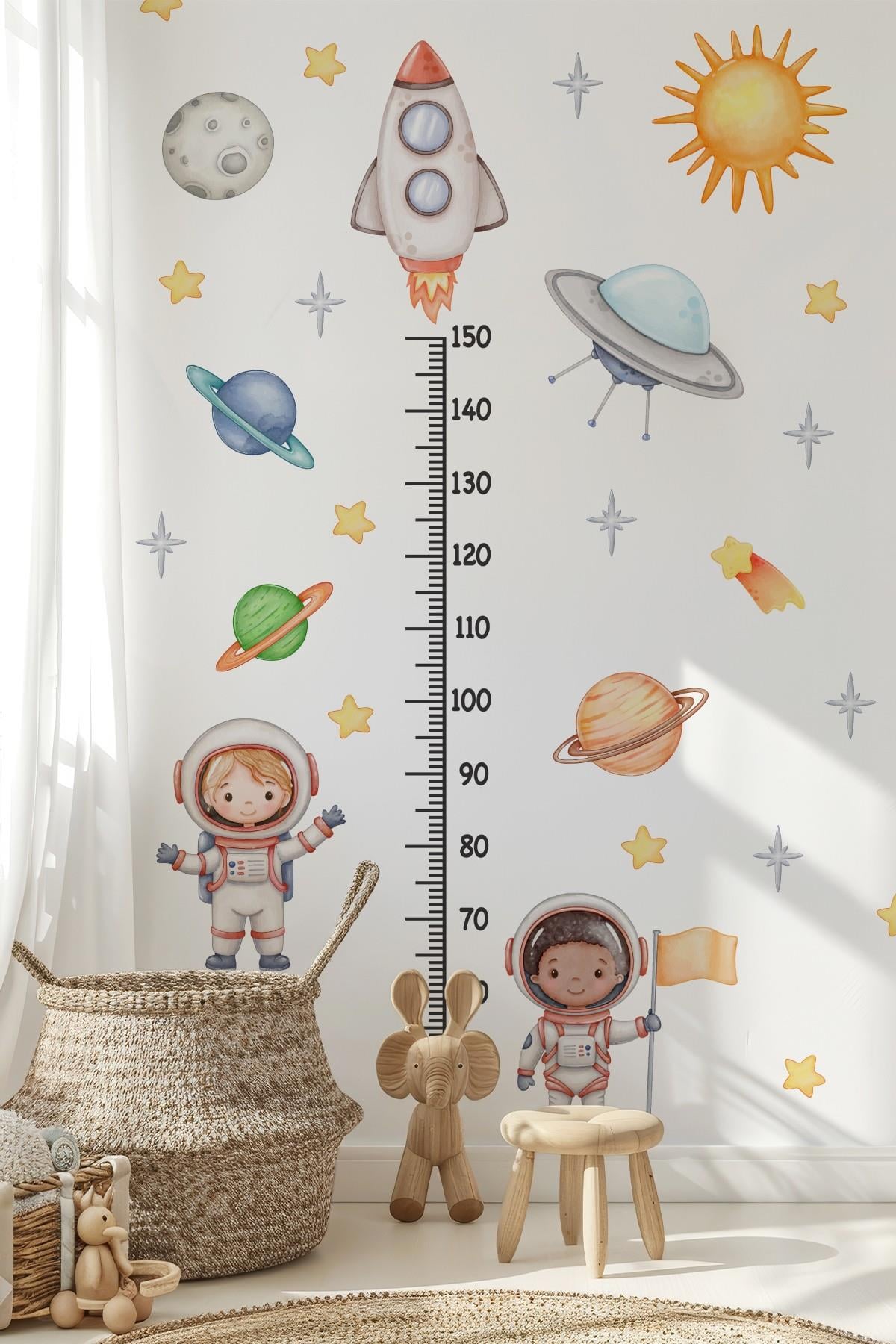 Astronotlar, Uzay ve Gezegenler Temalı Temalı Boy Ölçer Boy Cetveli Sticker Seti Çocuk 