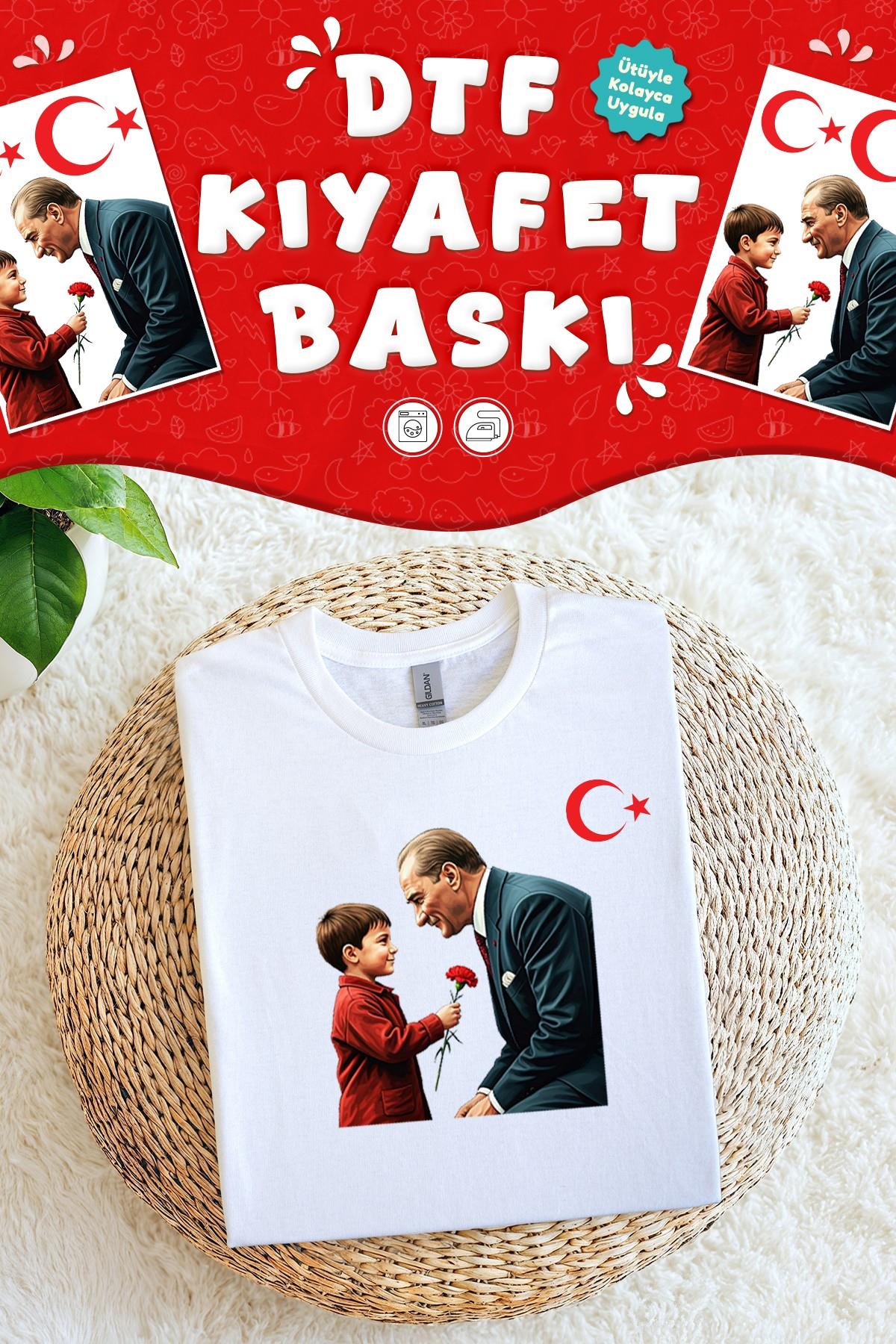 Atatürk ve Çocuk 29 Ekim Tshirt Kumaşa Baskı Yapılabilen Özel Tasarım Ütü Ile Yapışan Tekstil Dtf 