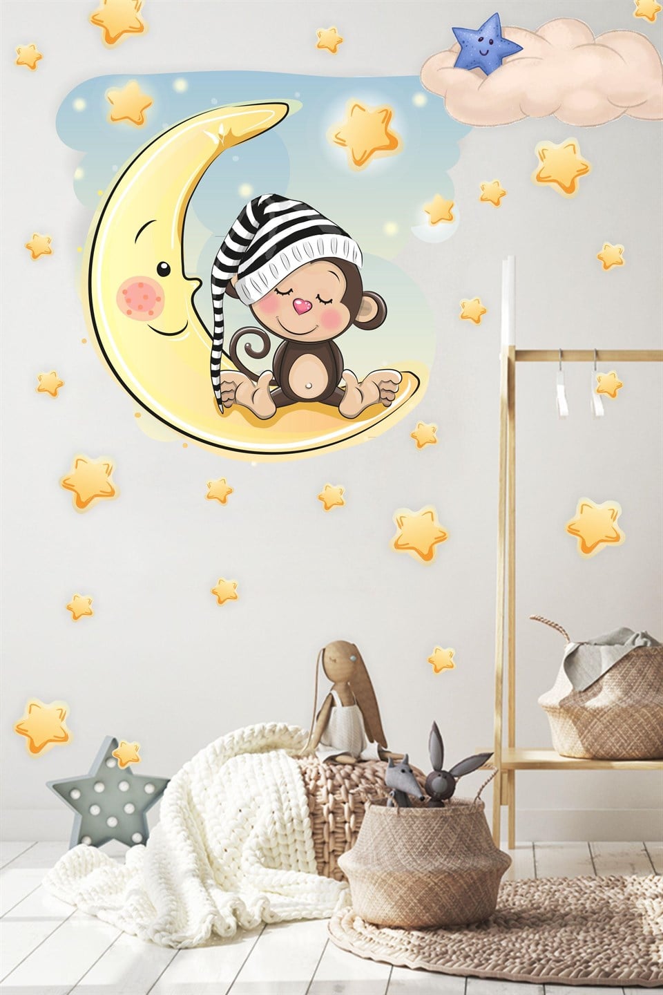 Ayda Oturan Maymun Bulut ve Yıldızlar Çocuk Bebek Odası Sticker S