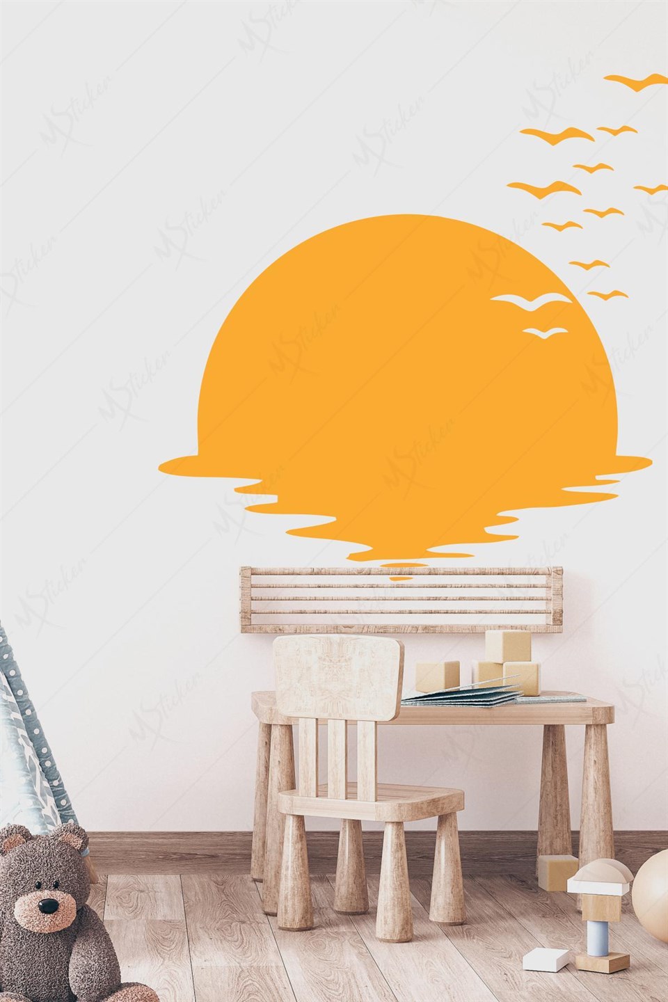 Batan Güneş ve Kuşlar Çocuk Bebek Odası Sticker Seti