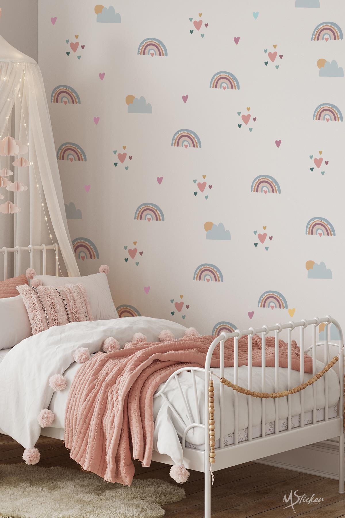 Boho Gökkuşağı Kalpler ve Figürler Çocuk Bebek odası Duvar Sticker Seti, Pastel Renklerde Gökkuşağı
