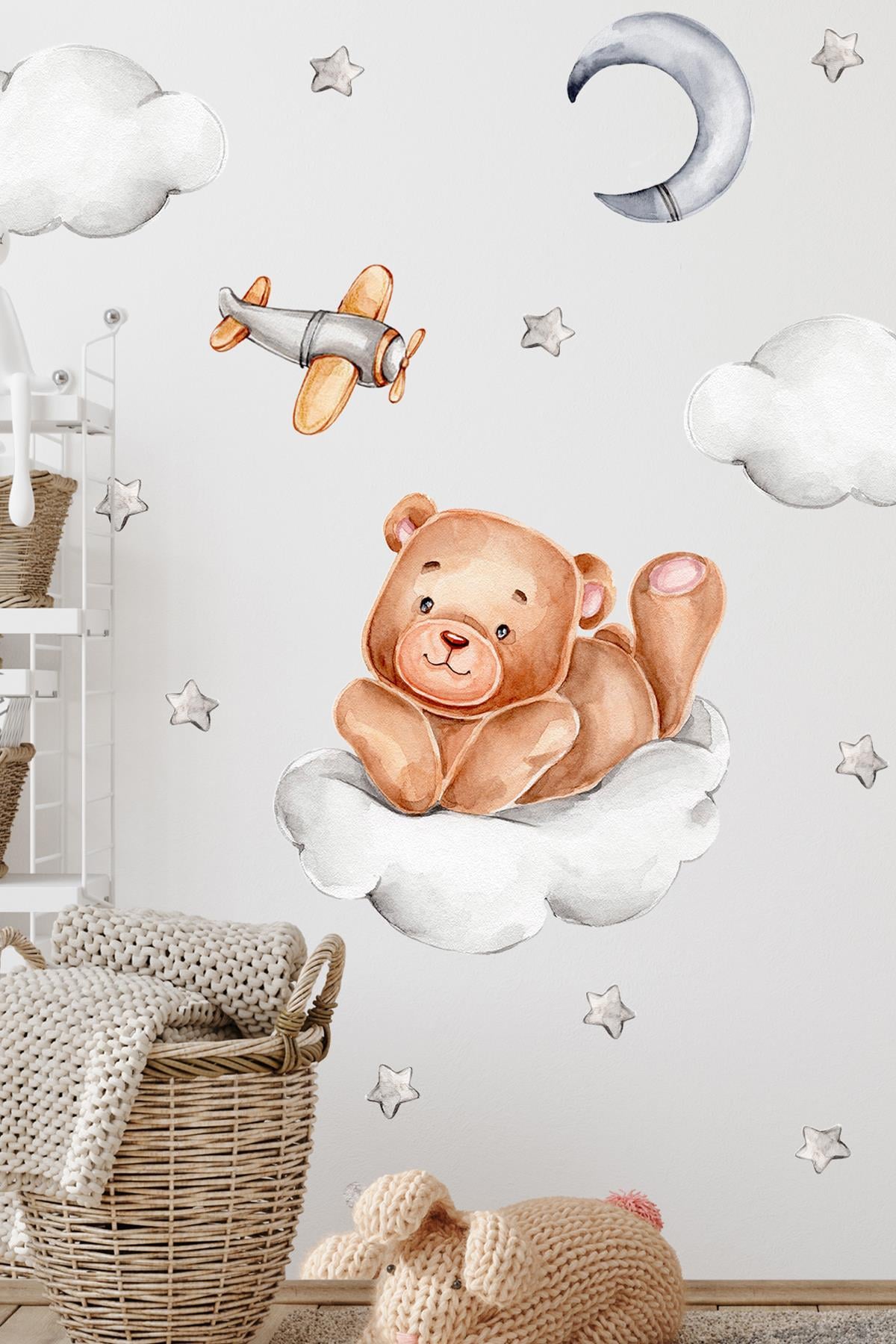 Bulutta Sevimli Ayıcık ve Yıldızlar Bulutlar Sevimli Sticker Seti Çocuk Bebek Odası Cam Duvar Sticke