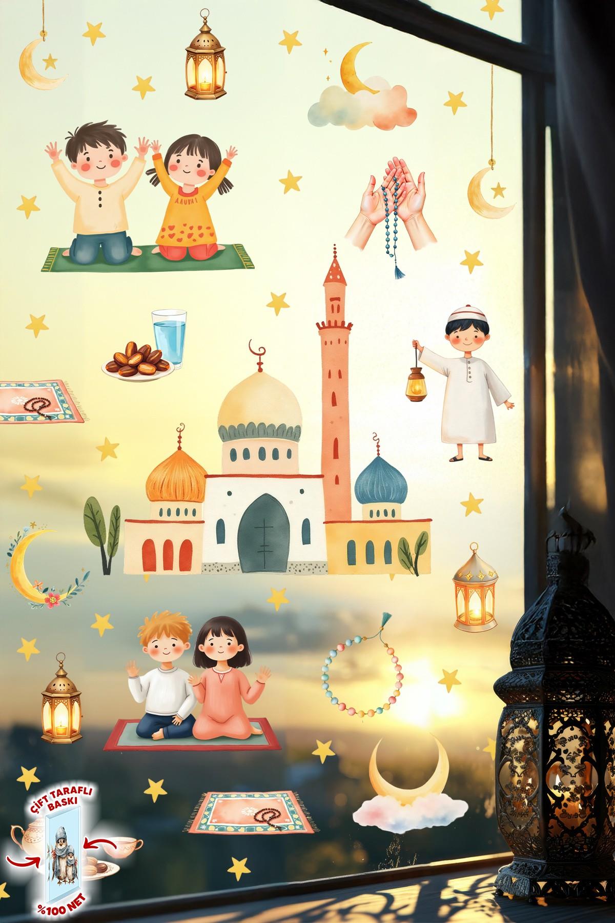 Çift Taraflı Ramazan Ayı Cam Sticker Seti | Çocuklar İçin Eğitici Ramazan Pencere Süsü ve 74 Parça