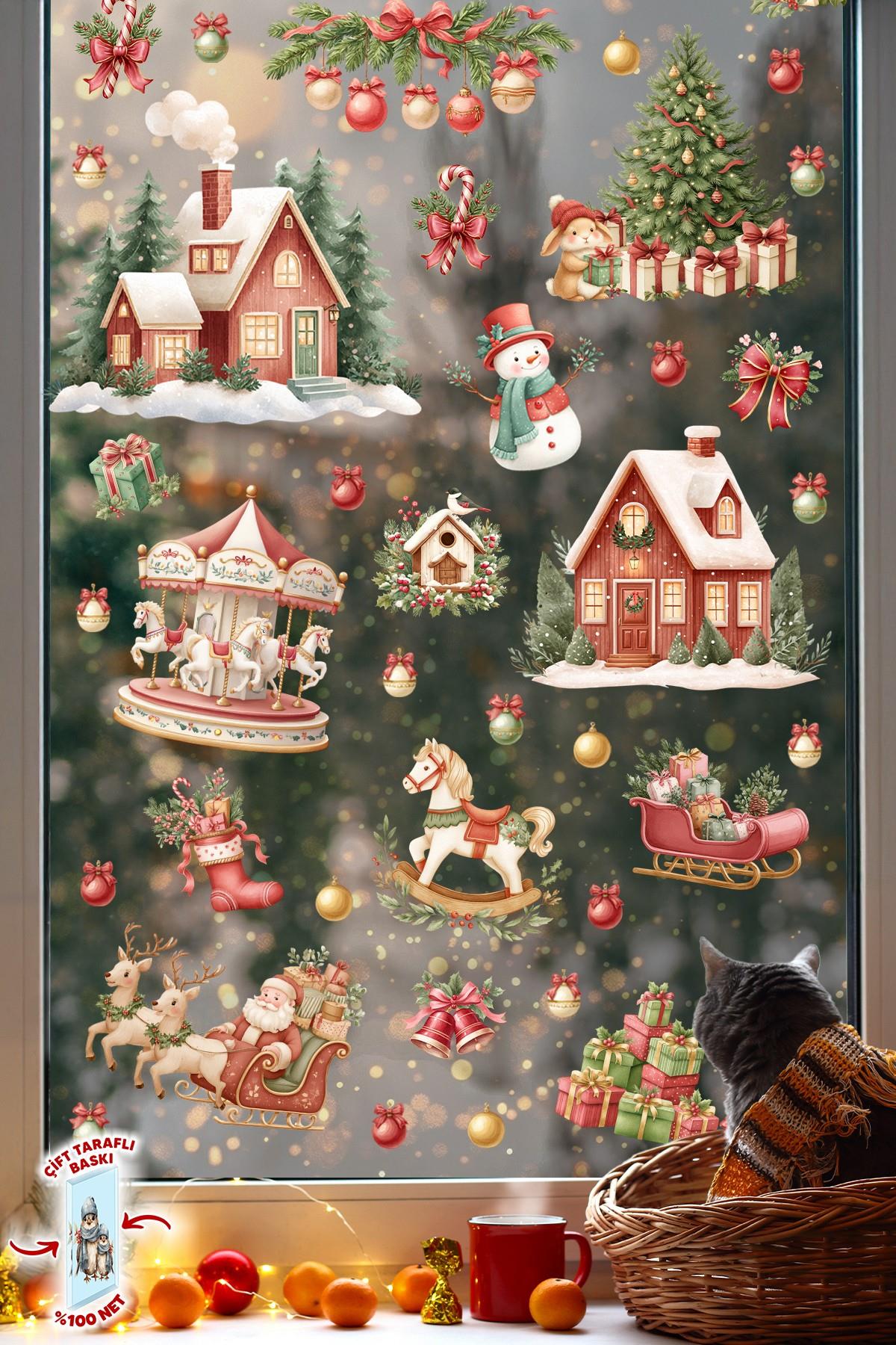 Çift Taraflı Yılbaşı Cam Sticker Seti – Ev & Mağaza Dekoru | 46 Parça Premium Yeni Yıl Süsleri