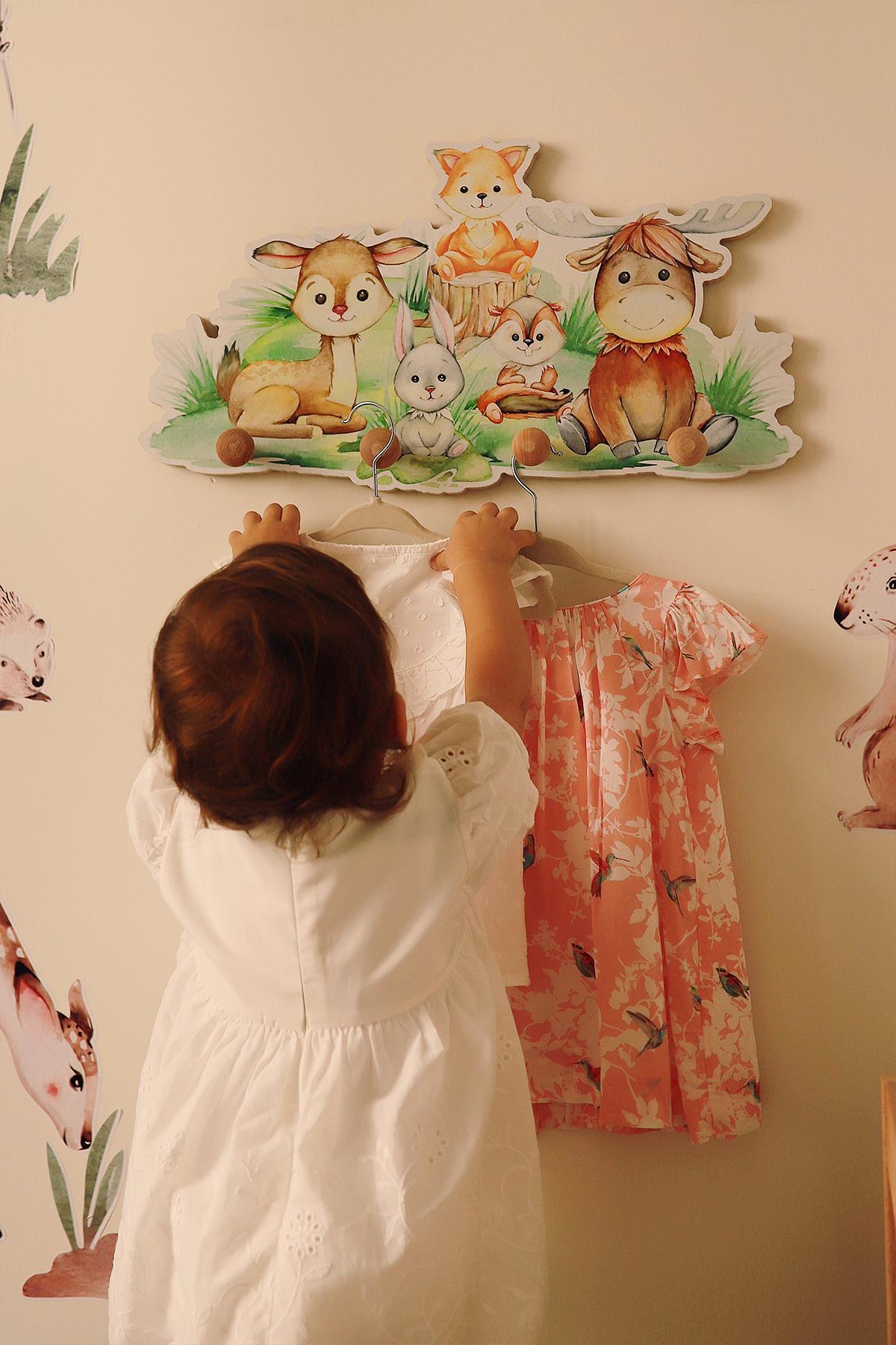 Çocuk Odası Askılık Doğal Ahşap Montessori Askı Sevimli Hayvanlar 