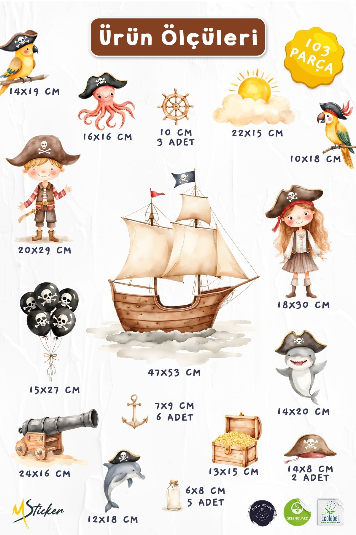 Çocuk Odası Duvar Sticker 103 Parça Korsan Gemisi Hazine Deniz Temalı Duvar Çıkartması