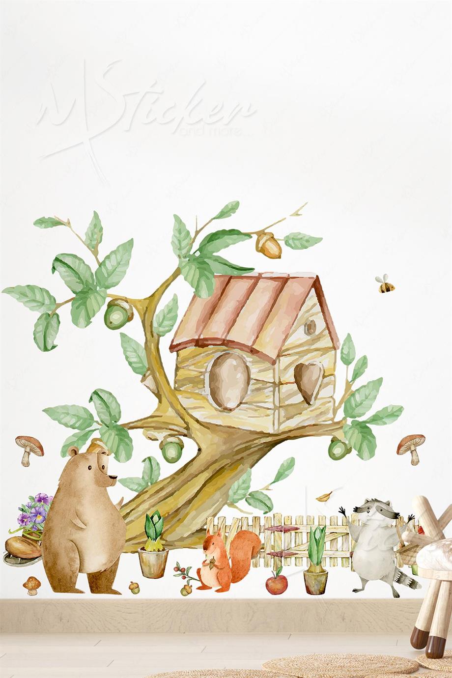Dalda Ağaç Ev ve Hayvanlar Çocuk Bebek Odası Cam Duvar Sticker Seti
