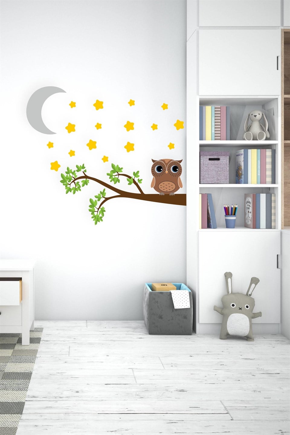 Dalda Sevimli Baykuş Yıldızlar ve Ay Çocuk Bebek Odası Sticker