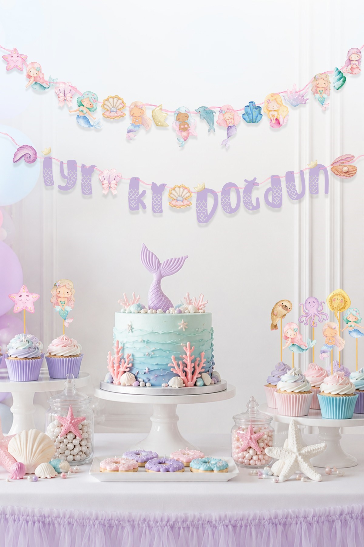 Deniz Kızı Temalı Doğum Günü Parti Seti, iyi ki doğdun Flama, Cupcake ve Pasta Süsü Happy Birthday 