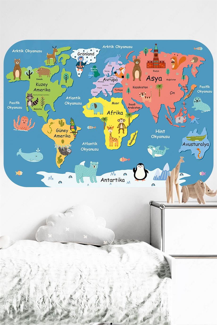 Eğitici ve Eğlenceli Dünya Haritası, Özel Tasarımlı Renkli Çocuk Bebek  Odası Dünya Haritası