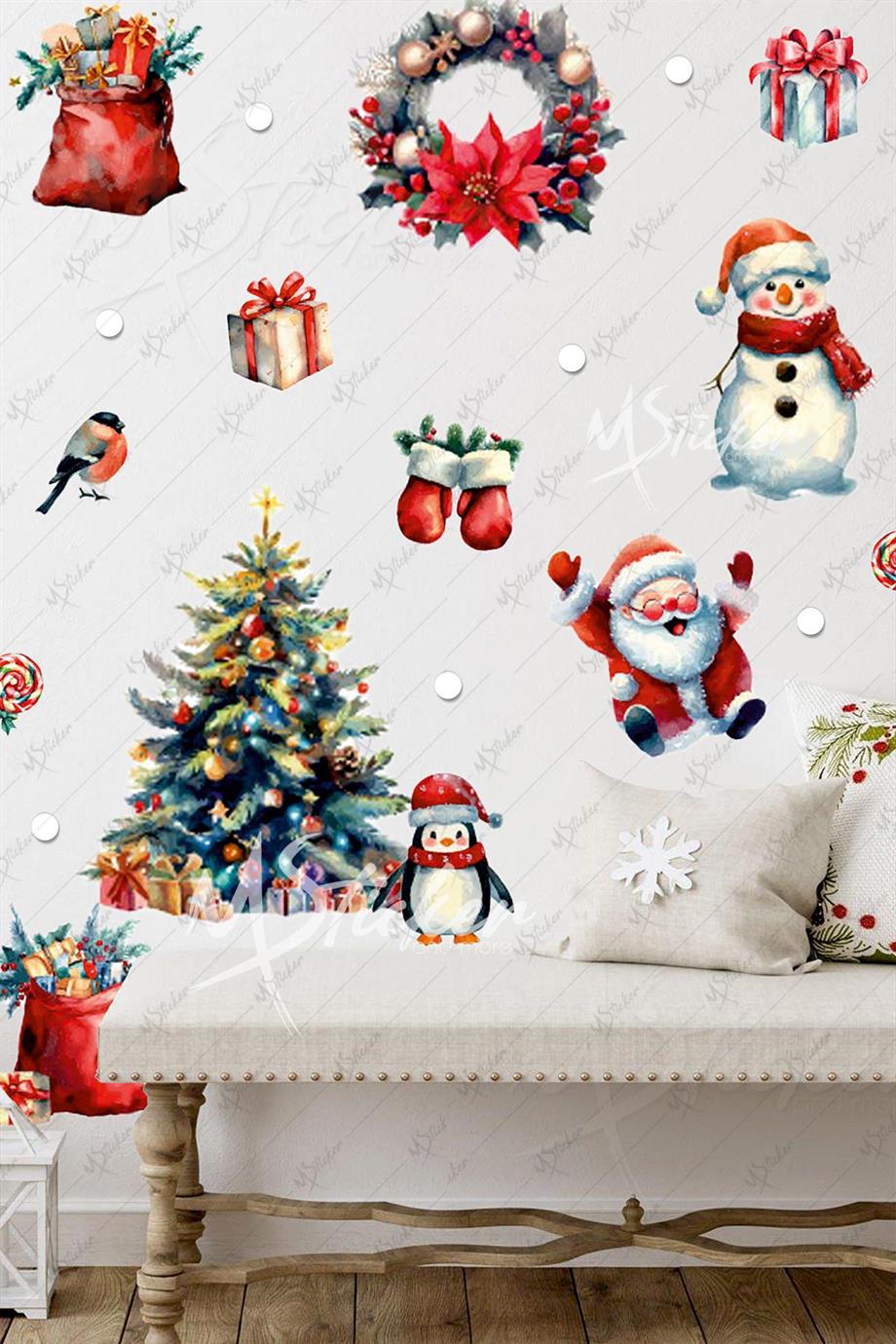 Eğlenceli Kardan Adam Penguen ve Yeniyıl Ağacı Kış Konseptli Yılbaşı Süsü Sticker Seti