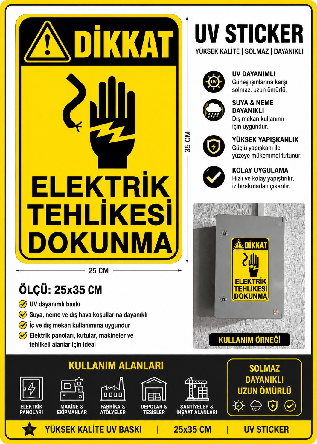 Elektrik Tehlikesi Dokunma Uyarı Stickerı 25x35 cm | UV Baskı | Suya Dayanıklı | Elektrik Pano Uyarı