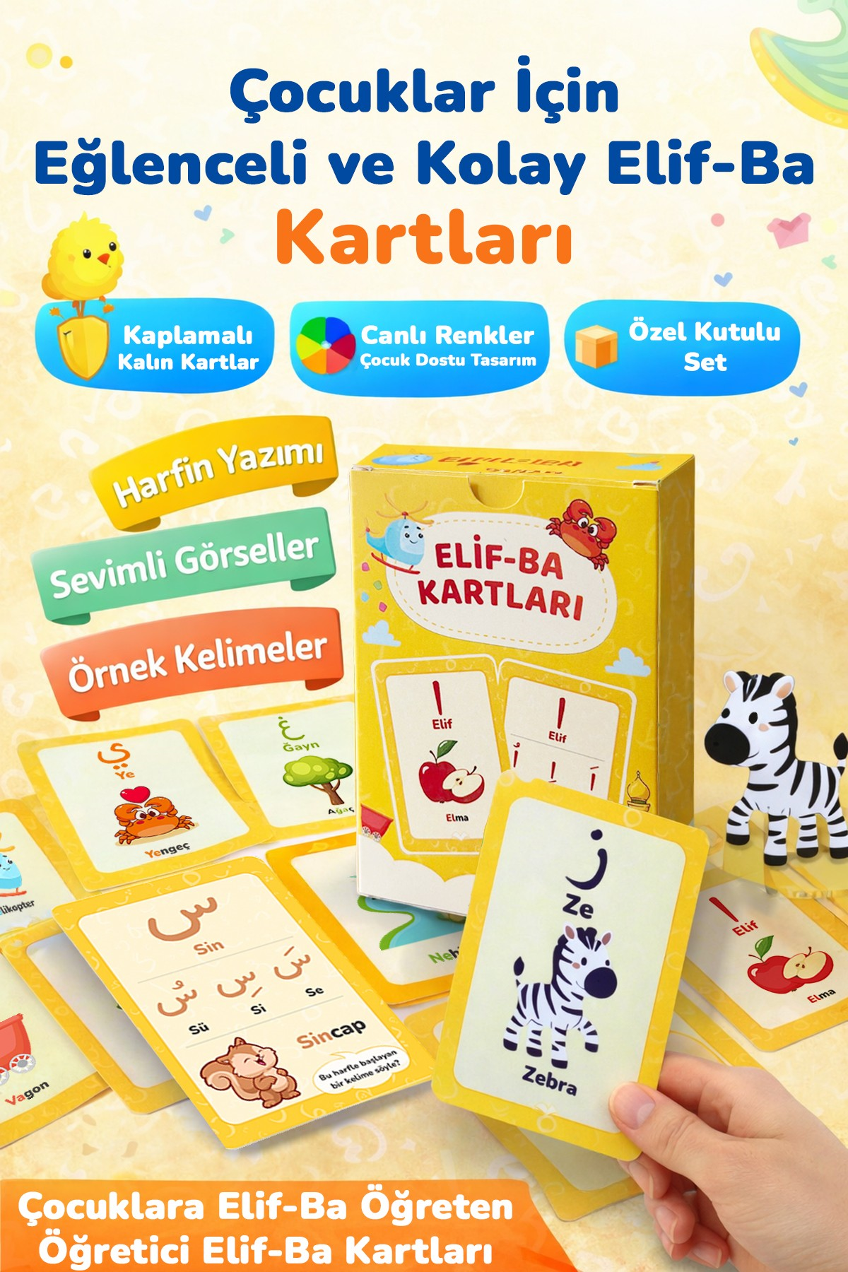 Elif-Ba Kartları | Çocuklar İçin Eğlenceli ve Kolay Elifba Öğrenme Seti - 29 Kart ve Özel Kutulu