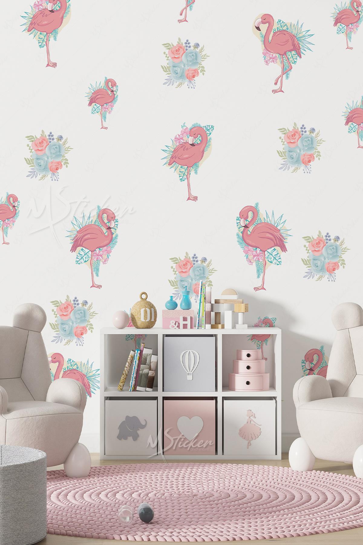 Filamingolar ve Soft Renkli Çiçekler Çocuk Bebek Odası Duvar Cam Dolap Sticker Seti