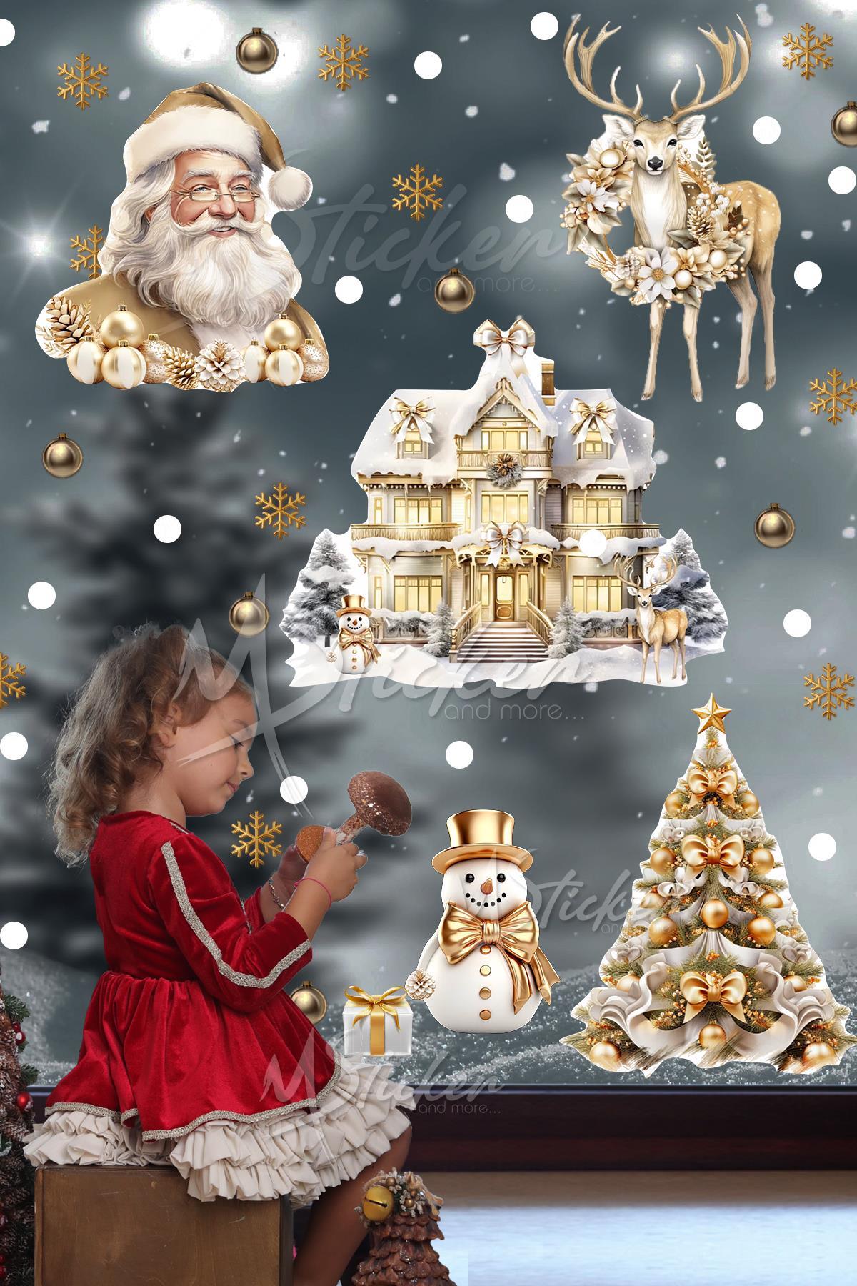 Gold Yılbaşı Seti, Yeni Yıl Yılbaşı Kış Konseptli Yılbaşı Süsü Sticker Seti Noel Baba Ağaçlar Evler