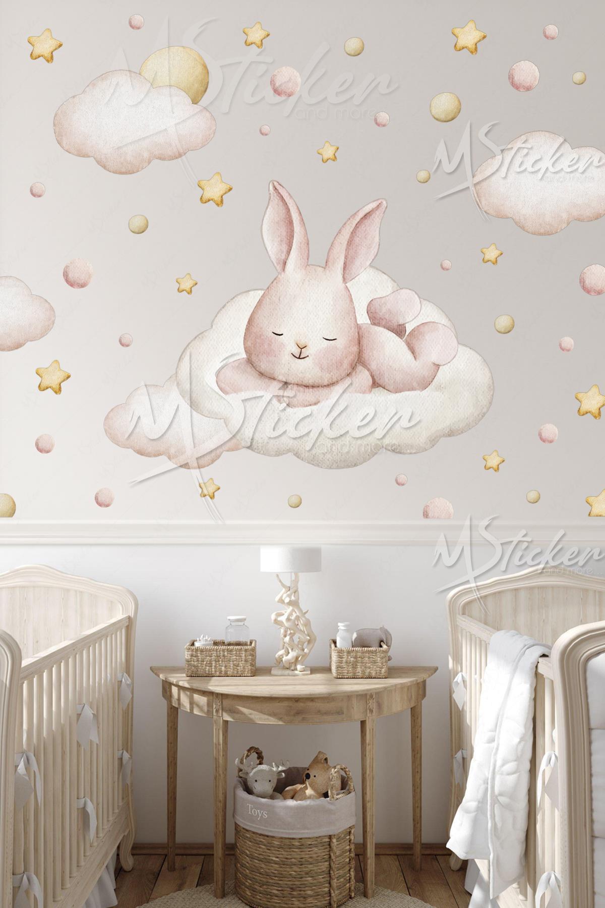 Hayallere Dalan Sevimli Tavşan Bulutlar Yıldızlar ve Puantiyeler Çocuk Bebek Odası Cam Duvar Sticker