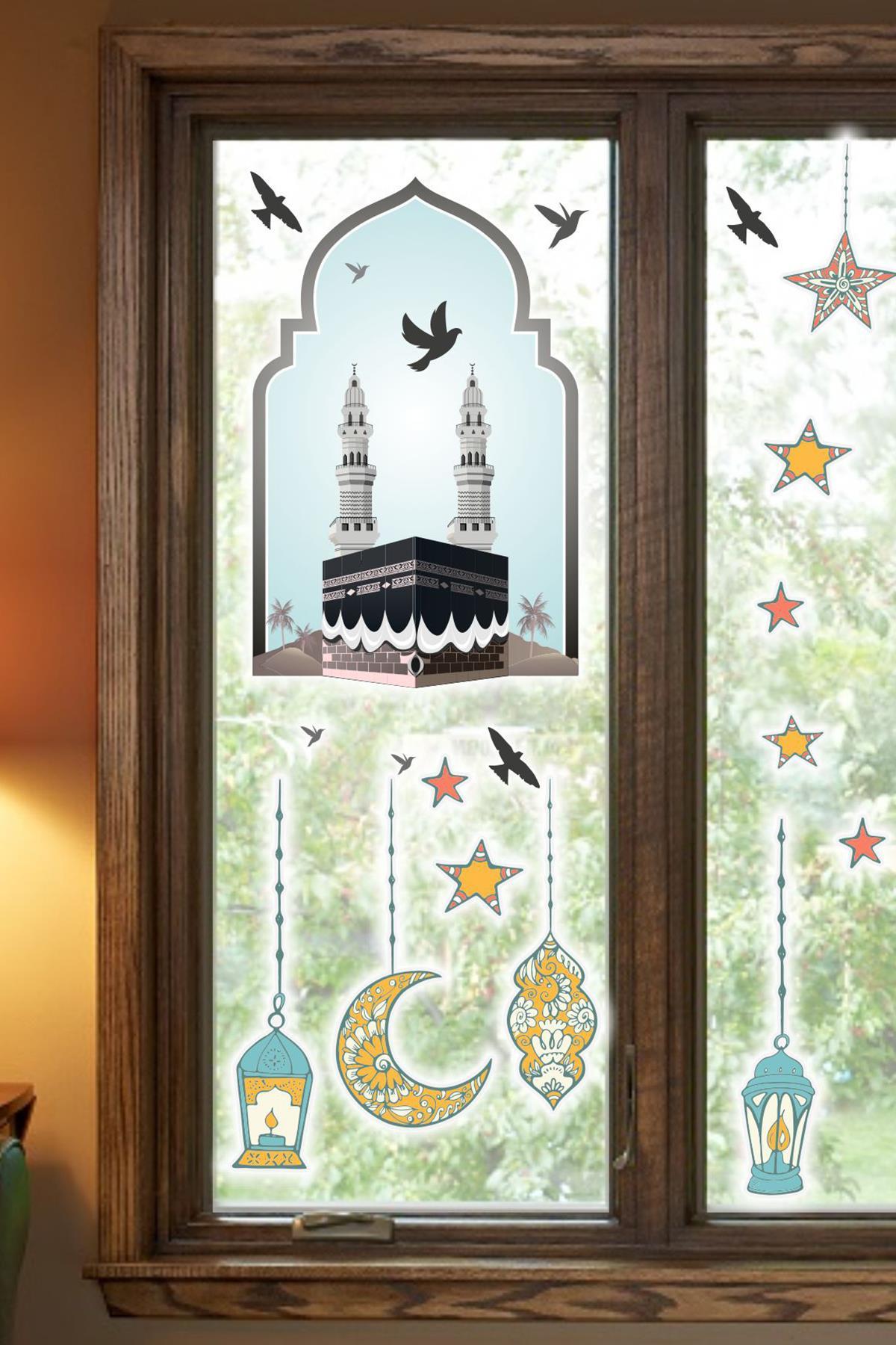 Hoşgeldin Ramazan Cam Duvar Sticker - Kabe Kuşlar ve Fener Figürlü Duvar Cam Sticker