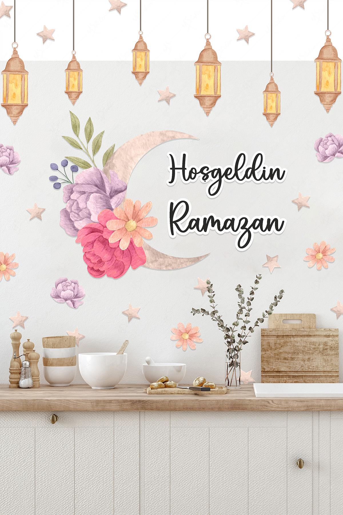 Hoşgeldin Ramazan Çiçekler Soft Renkli Fenerler Cam Duvar Sticker Seti Ramazan Süsü
