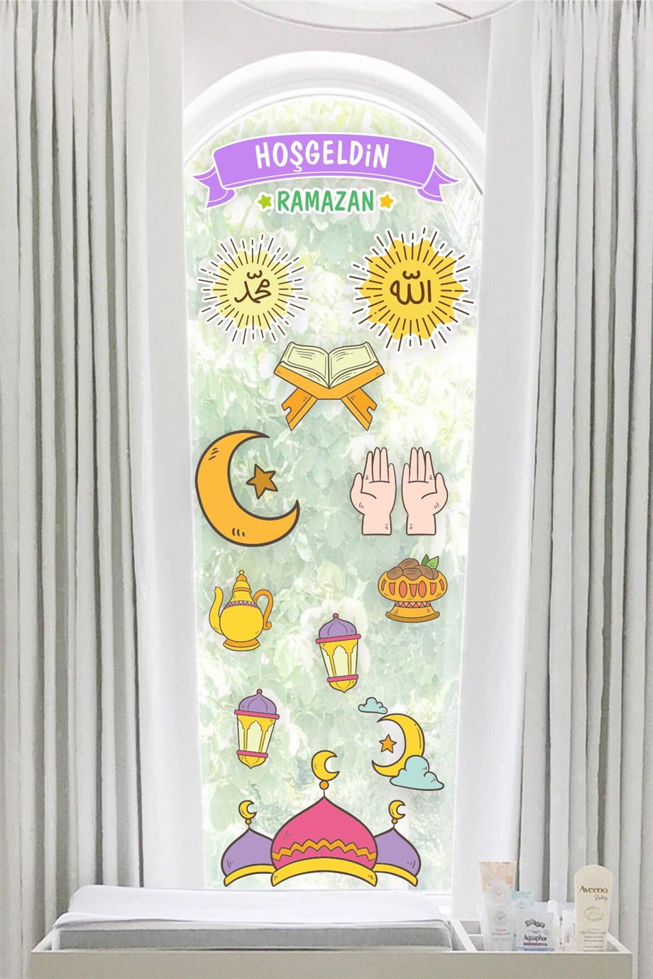 Hoşgeldin Ramazan Dua Cami Ay Fener Figürleri Cam Duvar Dekorasyon Sticker Seti