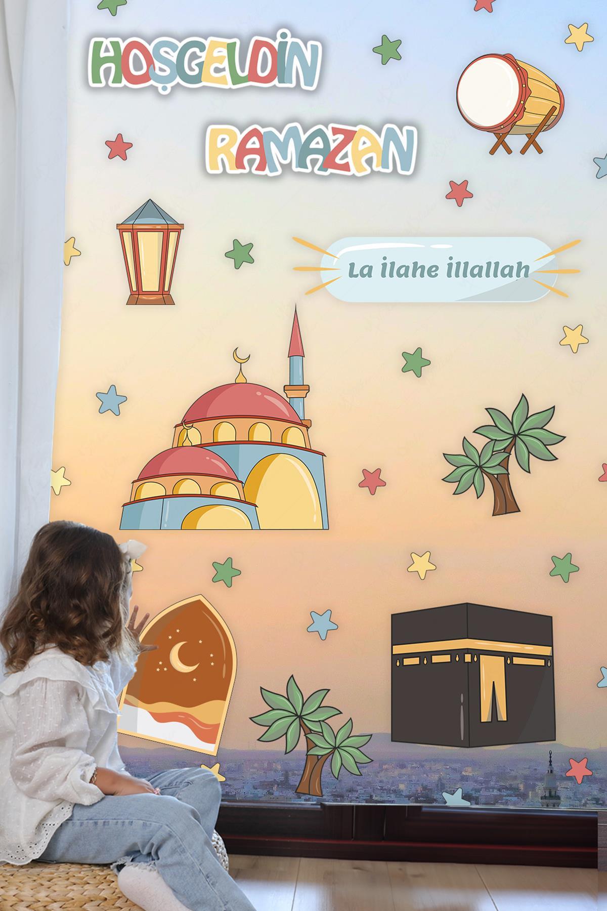 Hoşgeldin Ramazan La İlahe İllallah Yazılı Cami ve Kabe Temalı Cam Duvar Ramazan Sticker Seti