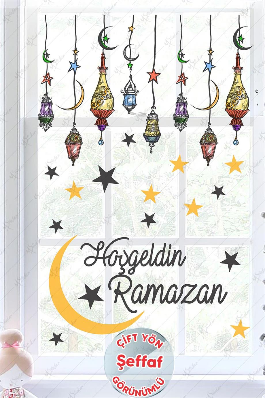 Hoşgeldin Ramazan Renkli Fener Sarkıt Cam Duvar Dekorasyon Sticker Seti-ŞEFFAF
