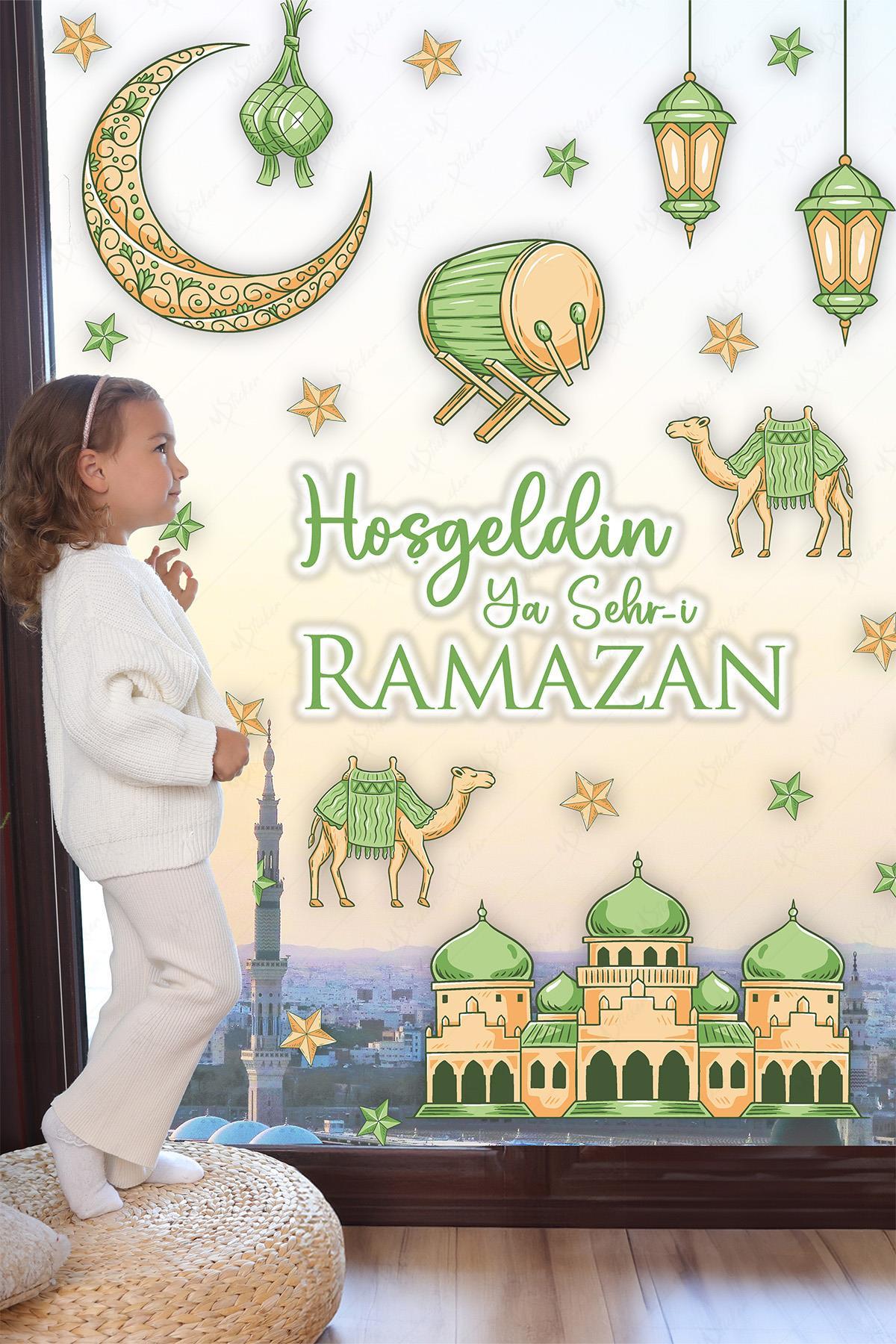 Hoşgeldin Ya Şehr-i Ramazan Yeşil Tonlarda Cami Hilal Develerden oluşan Cam Duvar Sticker Seti Ramazan Süsleri Seti
