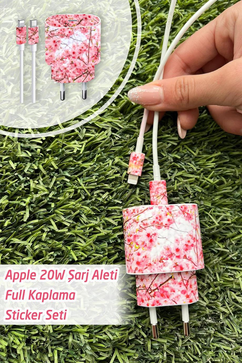 Iphone 20w Uyumlu Şarj Aleti Kaplaması - Pembe Çiçekler Temalı Full Sarj Aleti Sticker 5 Parça 