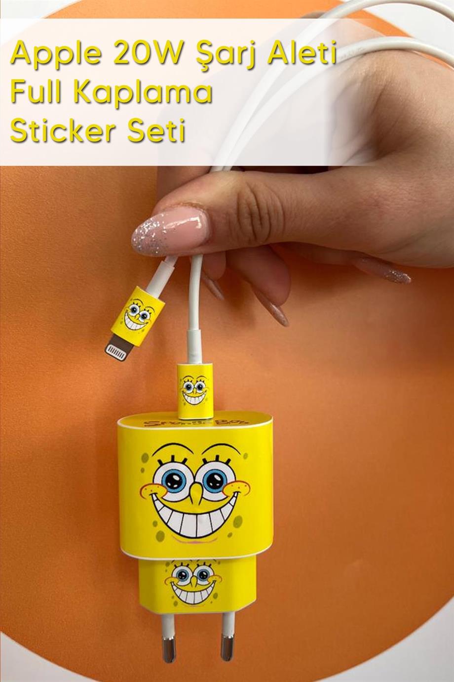 Iphone 20w Uyumlu Şarj Aleti Kaplaması - Sünger Bob Temalı Full Sarj Aleti Sticker 5 Parça 