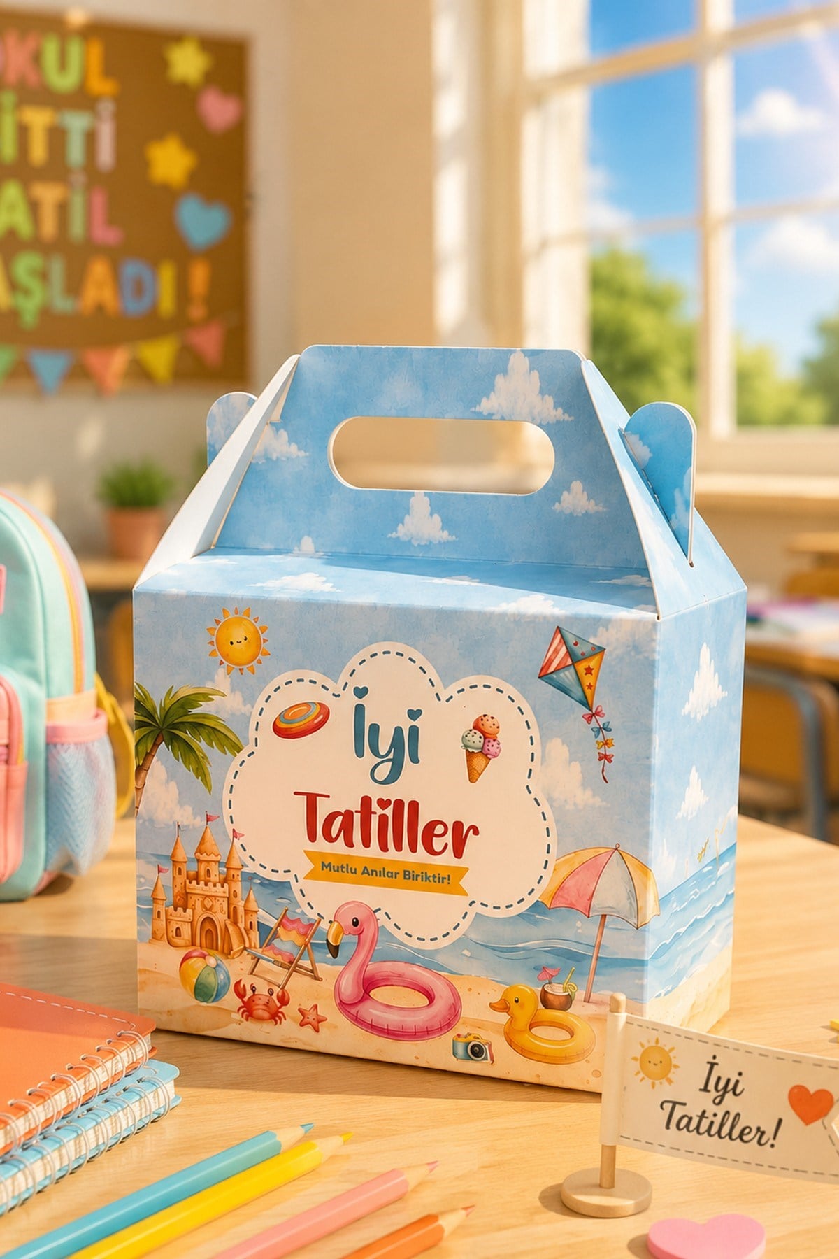 İyi Tatiller Temalı Karne Hediyesi Kutusu – 5’li Paket | Yeni Keşifler Tasarımlı Taşıma Kutusu 