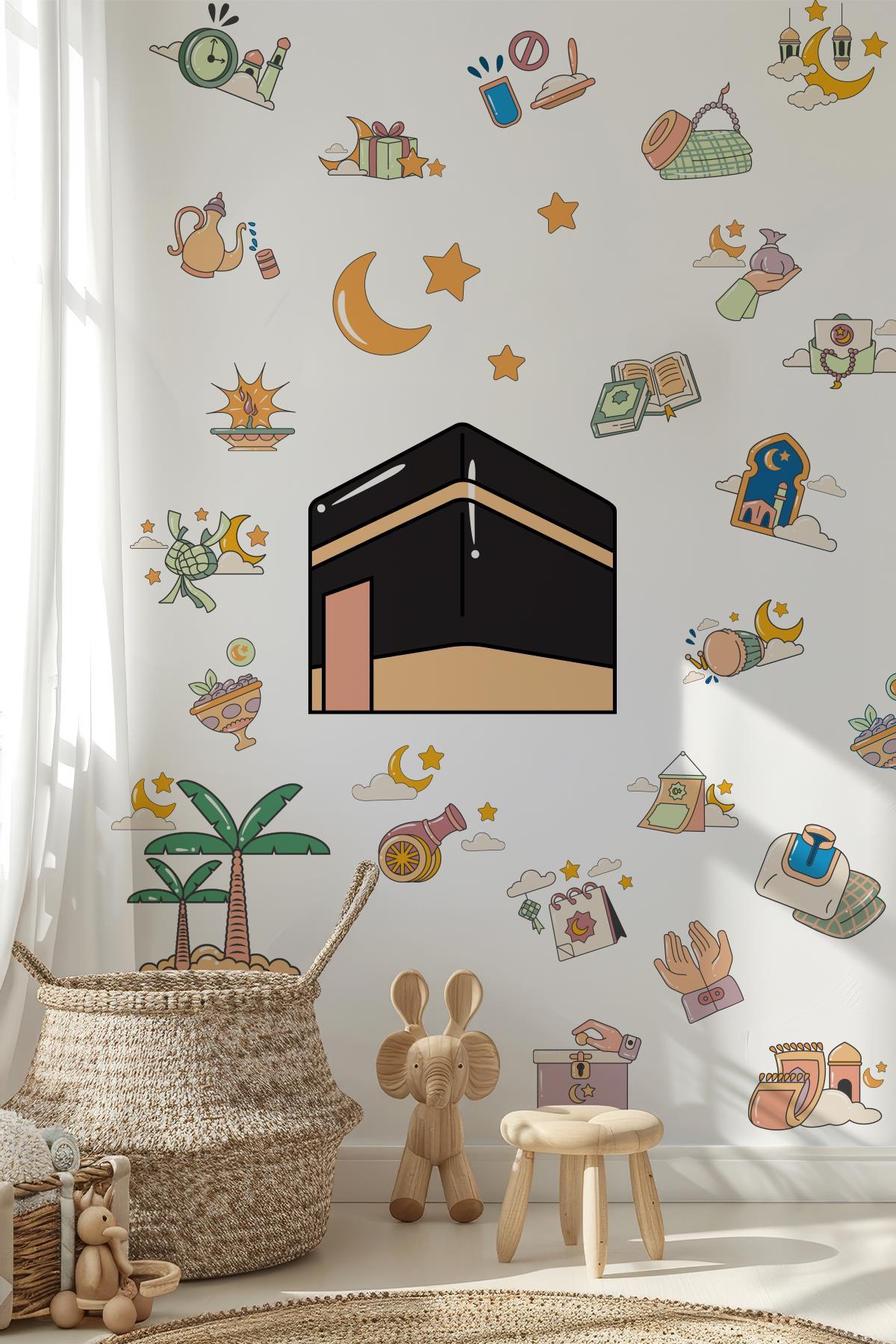 Kabe ve Ramazan Figürleri Temalı Cam Duvar Sticker Seti, Ramazan-ı Şerif Sticker Seti Çocuk Bebek 