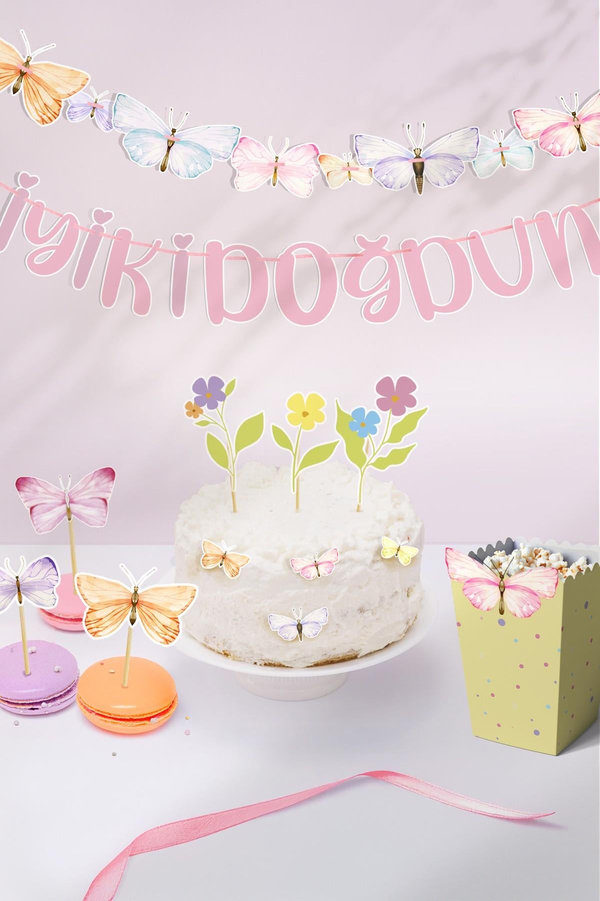 Kelebek ve Çiçekler Temalı Doğum Günü Konsepti Süsleme Seti , Cupcake Süsü Flama Etiket