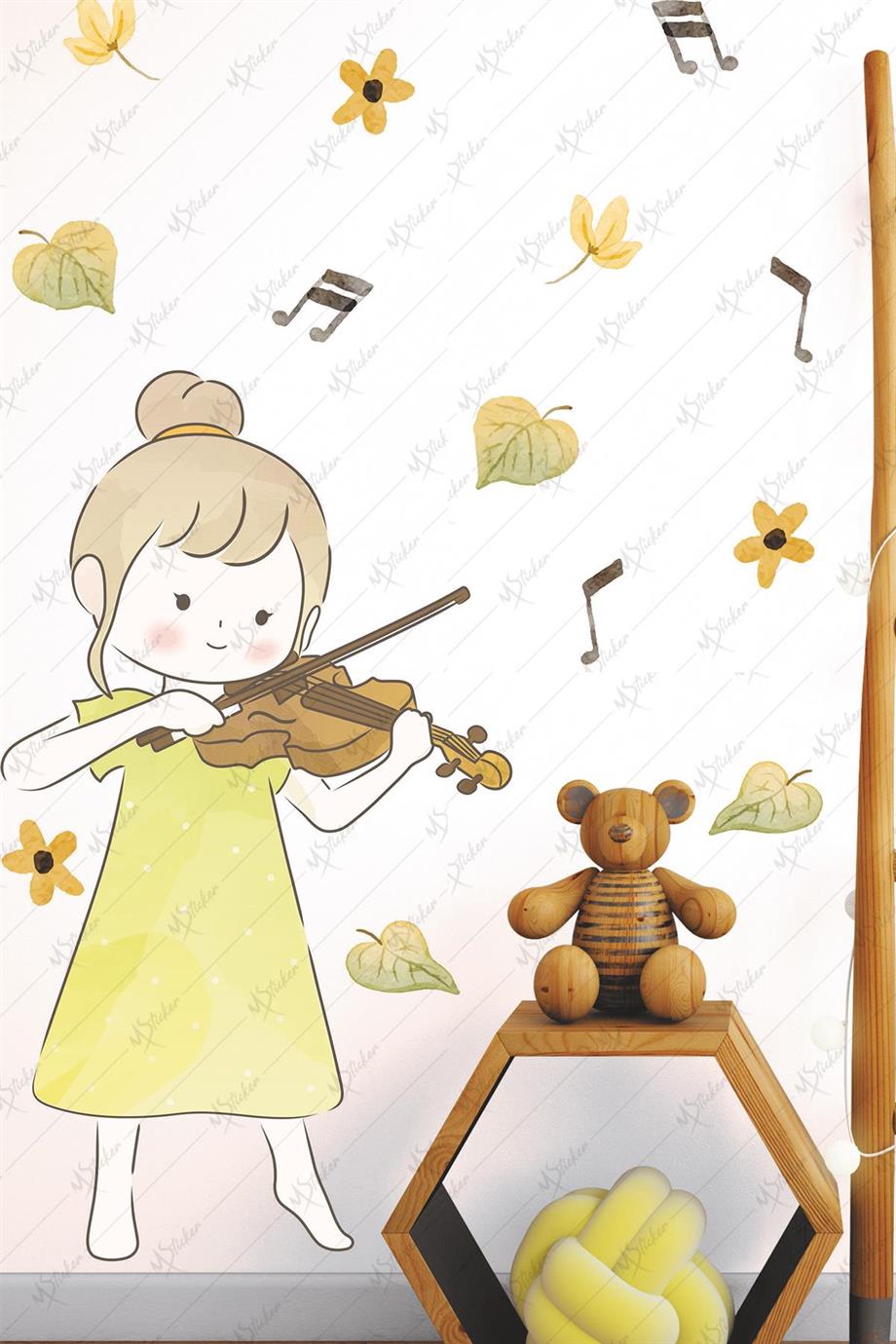 Kemancı Kız ve Sevimli Figürler Çocuk Bebek Odası Cam Duvar Sticker Seti