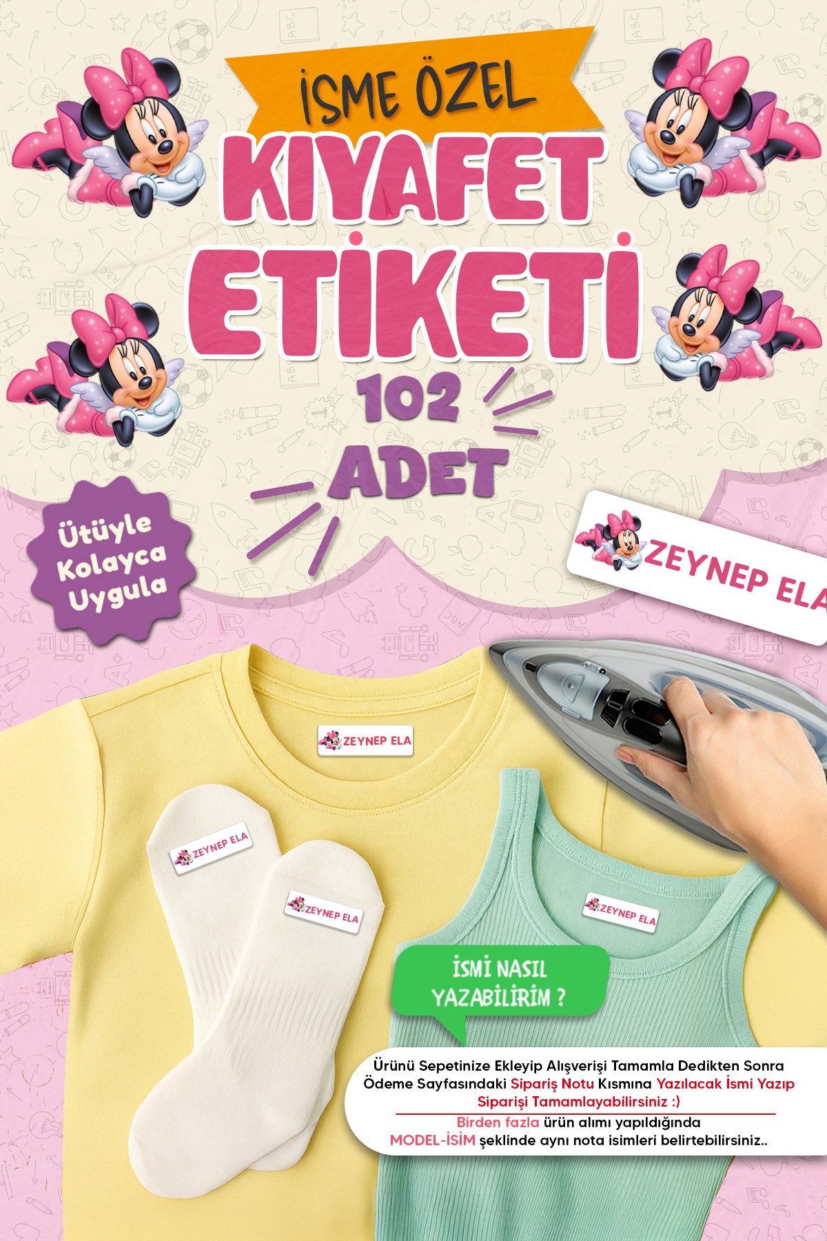 Kıyafet Etiketi - Okul Kıyafetlerine Kişiye Özel 30 Saniyede Kolay Uygulama Yıkanabilir - Minnie