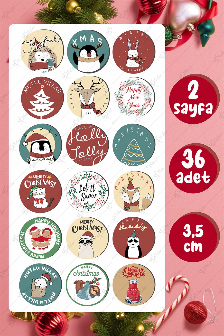 Mutlı Yıllar Sticker 3,5 cm 36 Adet - Suya Dayanıklı Yeni Yıl Yılbaşı Sticker  MY3