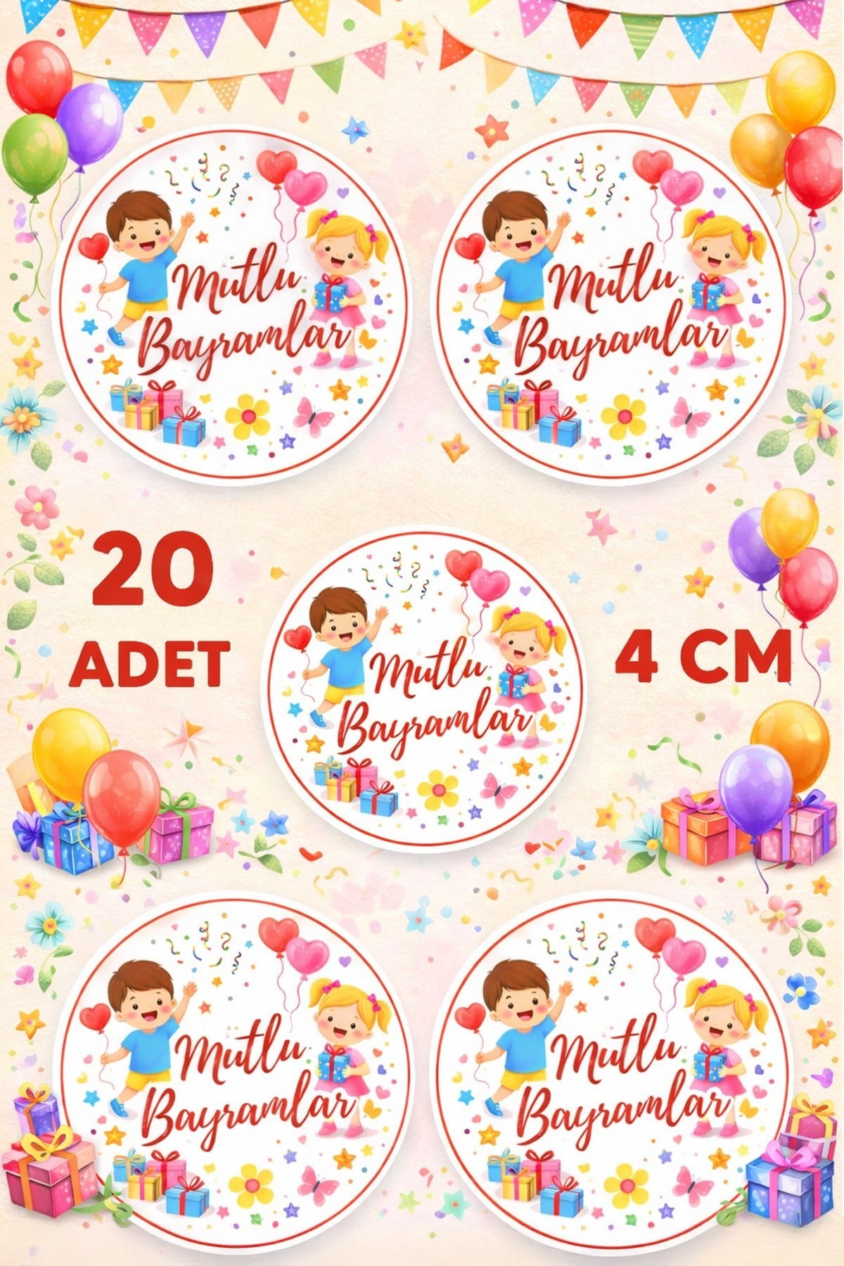 Mutlu Bayramlar Sticker Etiket 4 cm 20 Adet – Bayram Şekerleme ve Hediye Paketlerine Etiket