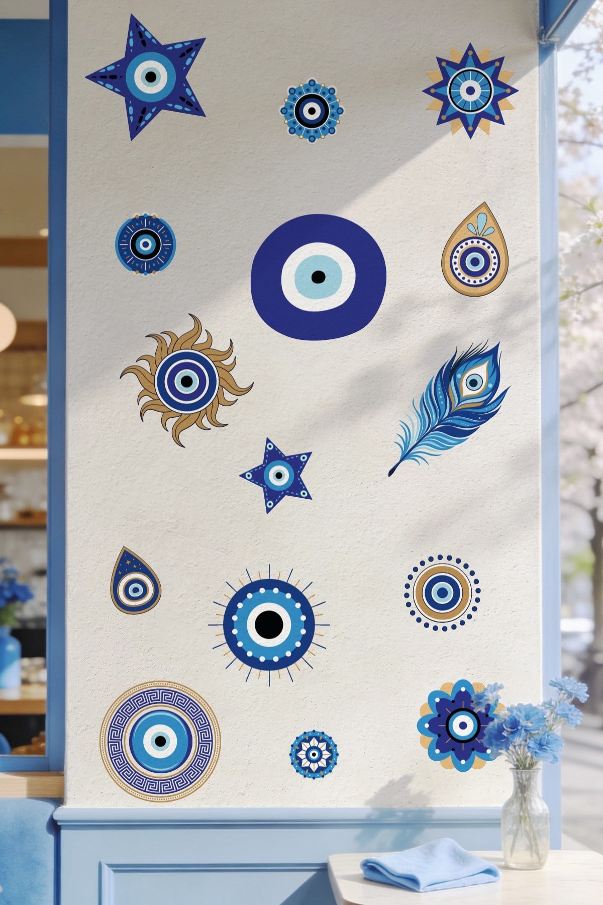 Nazar Boncuğu Duvar Sticker Seti 43 Parça | Mavi Gold Nazar Dekoratif Sticker | Salon, Çocuk Odası