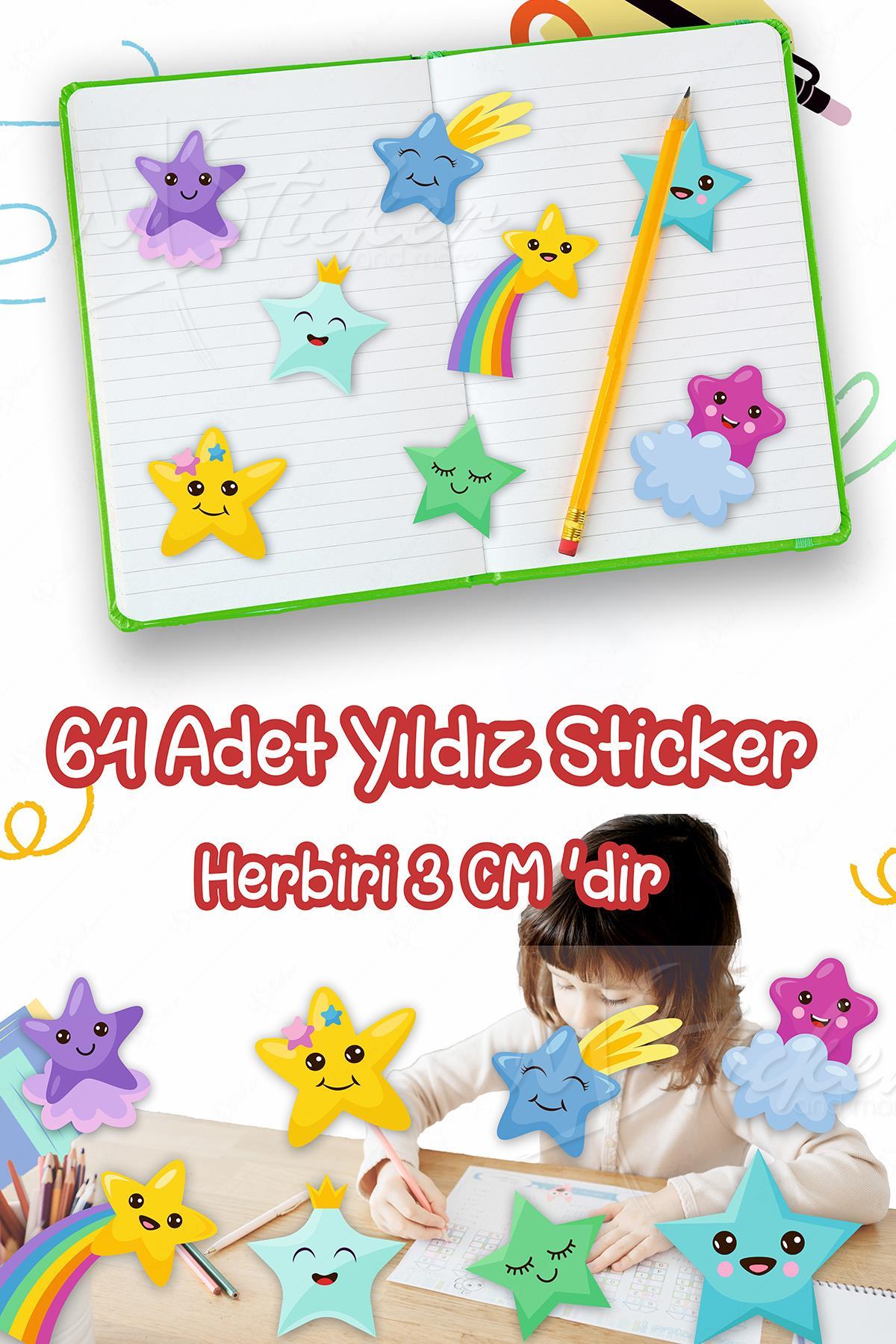 Öğretmenler için Eğlenceli Yıldızlar 3 cm 64 Adet Duvar Defter Cam Sticker Seti