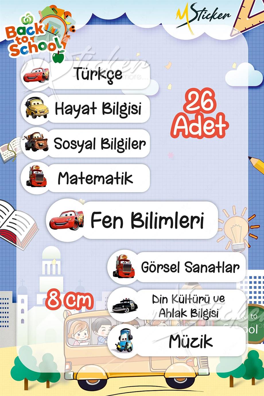 Okul Ders Etiketi Cars Temalı 26 adet 8 cm Okul Ders Etiketi