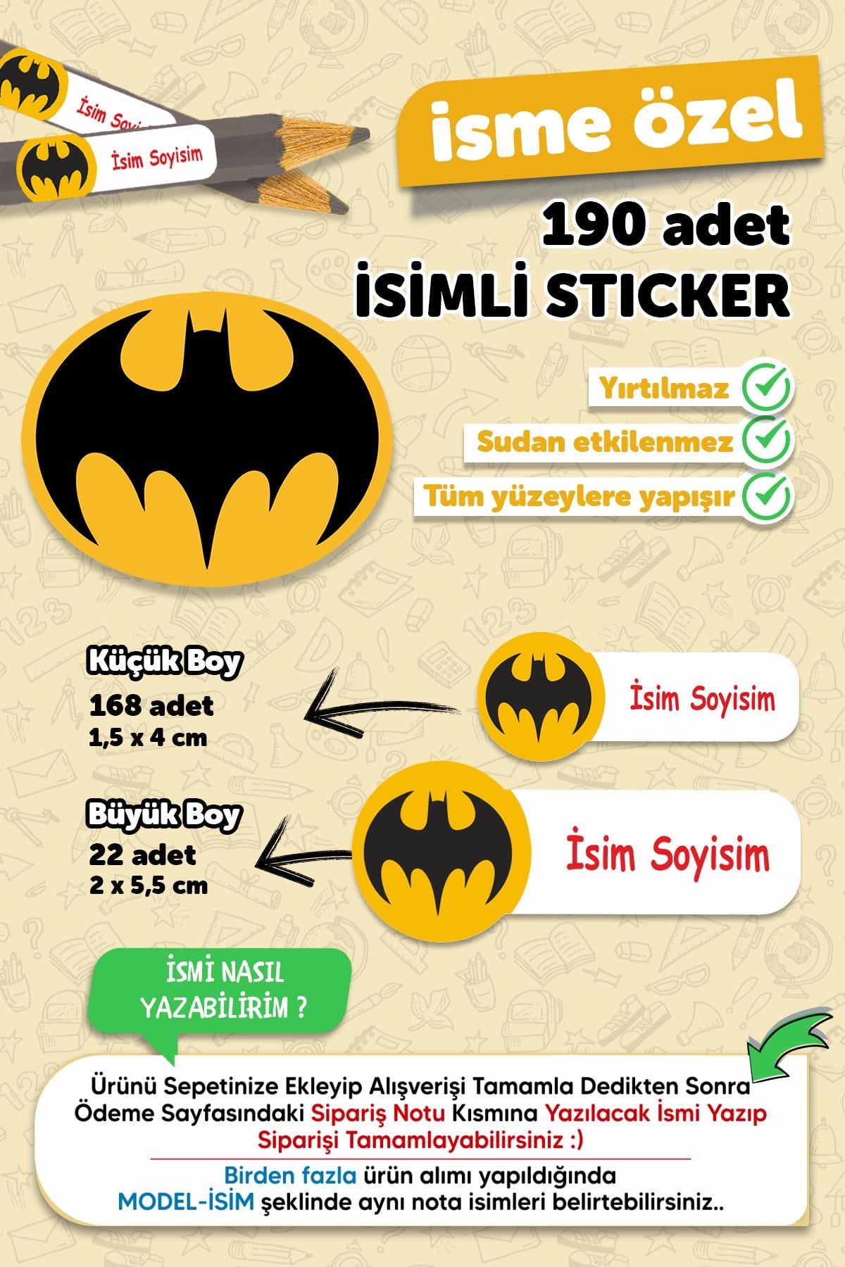 Okul Etiketi Kalem Defter Etiketi Batman Özel Isim Yazılabilen Etiket 190 Adet