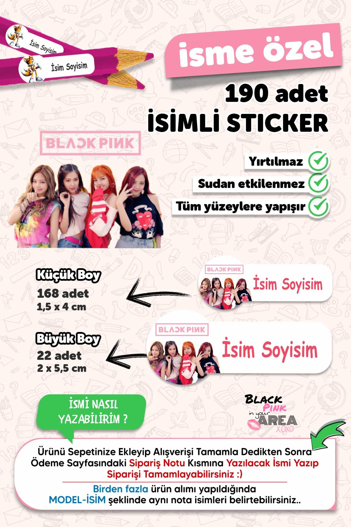 Okul Etiketi Kalem Defter Etiketi Black Pink Temalı Isim Yazılabilen Etiket - 190 Adet